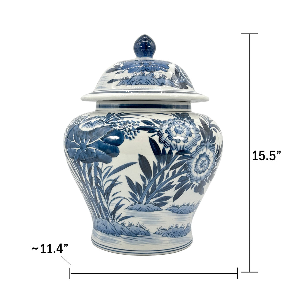 15.5" Blue & White Bamboo Floral Wide Ceramic Ginger Jar