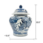 15.5" Blue & White Bamboo Floral Wide Ceramic Ginger Jar