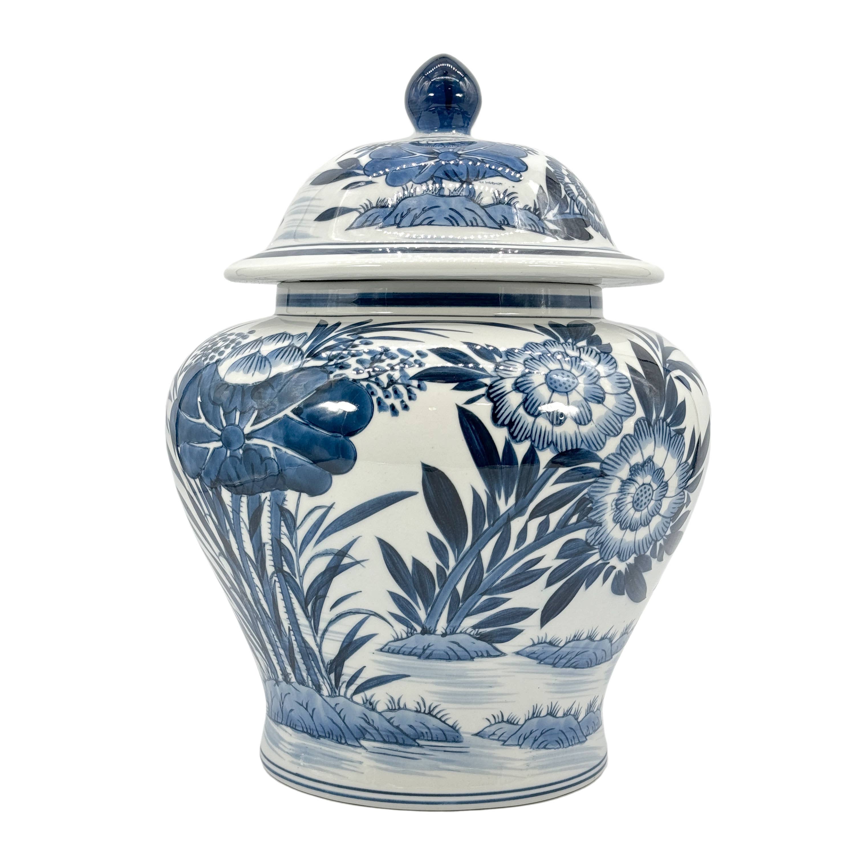 15.5" Blue & White Bamboo Floral Wide Ceramic Ginger Jar