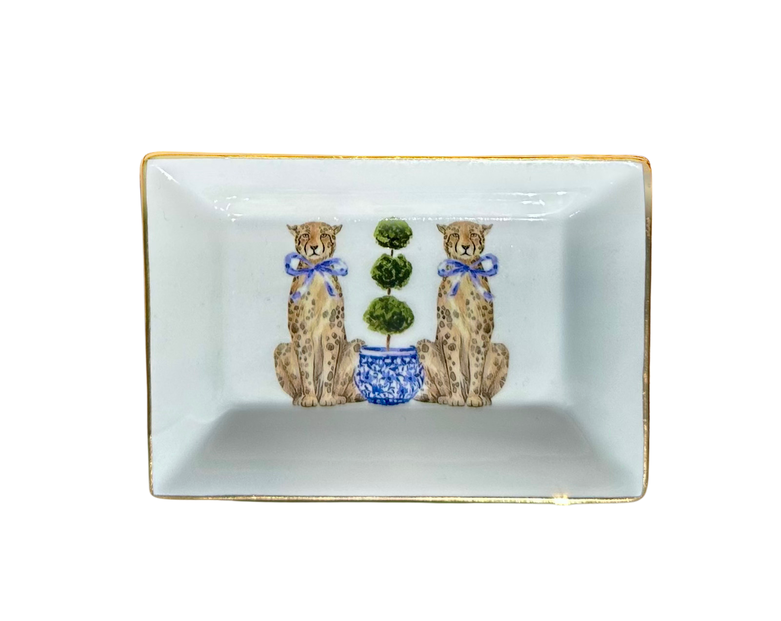 Chinoiserie Porcelain Trinket Tray w/ Leopards and Topiary