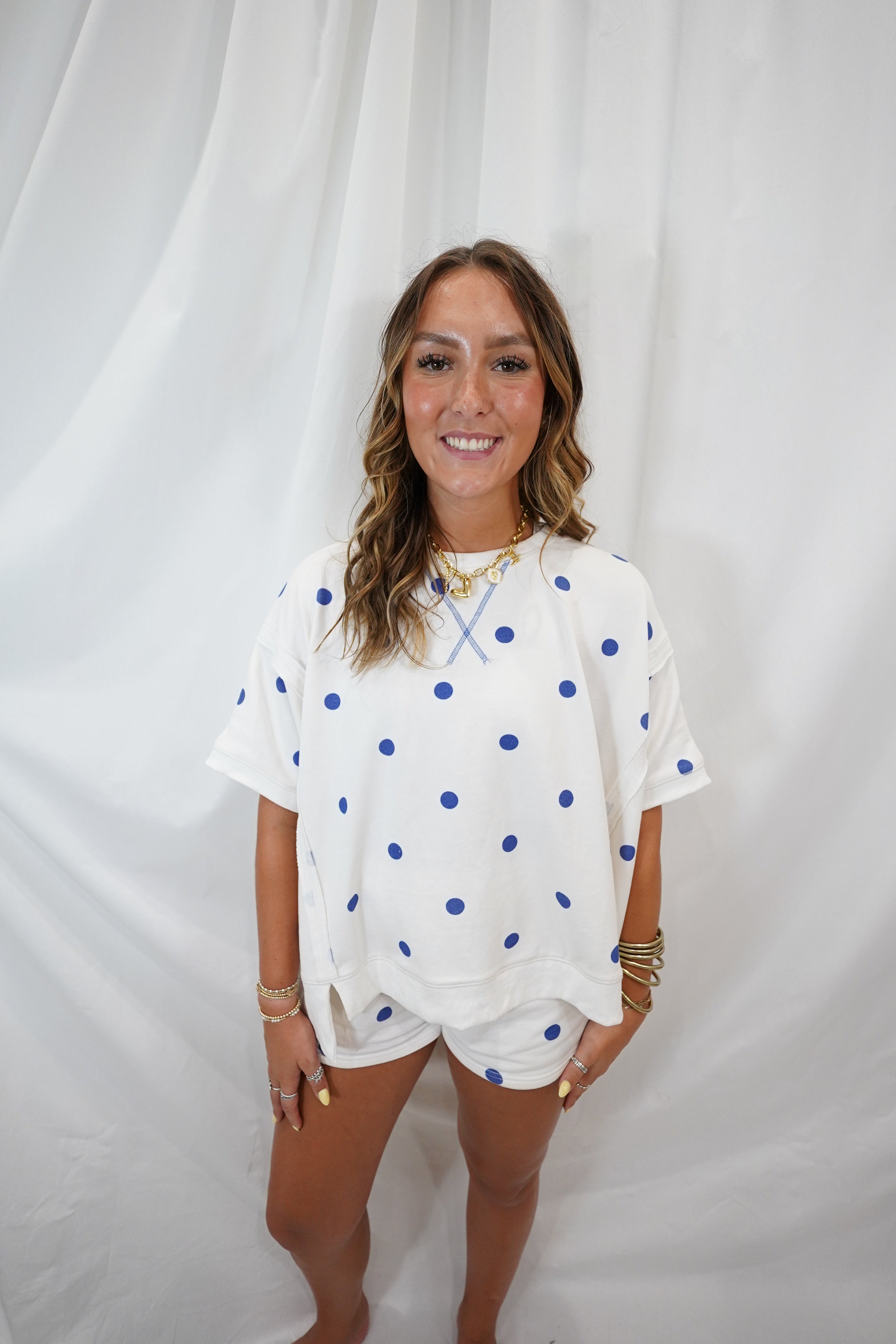 White and Navy Polka Dot Set