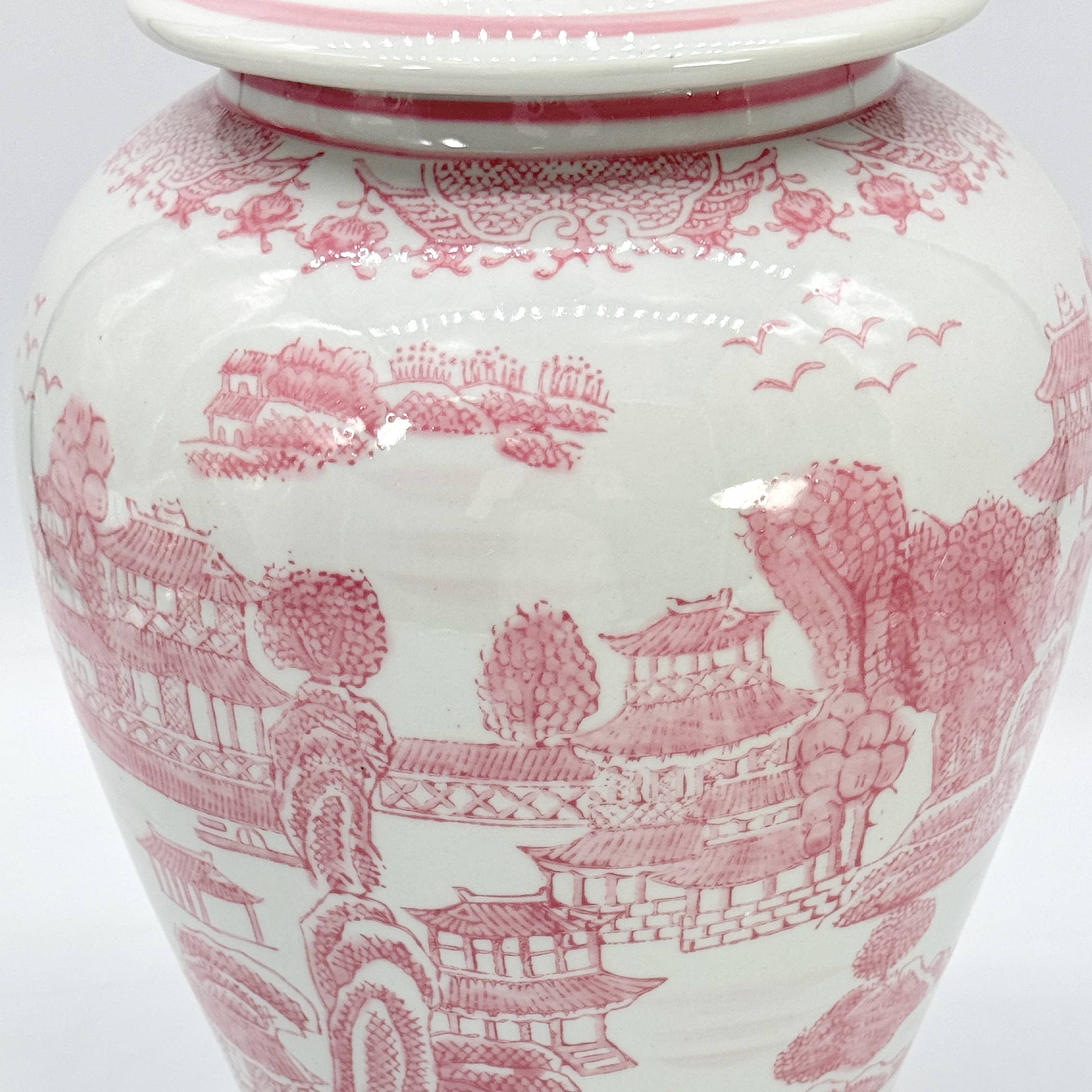 Pink & White Chinoiserie Ceramic Jar 18"