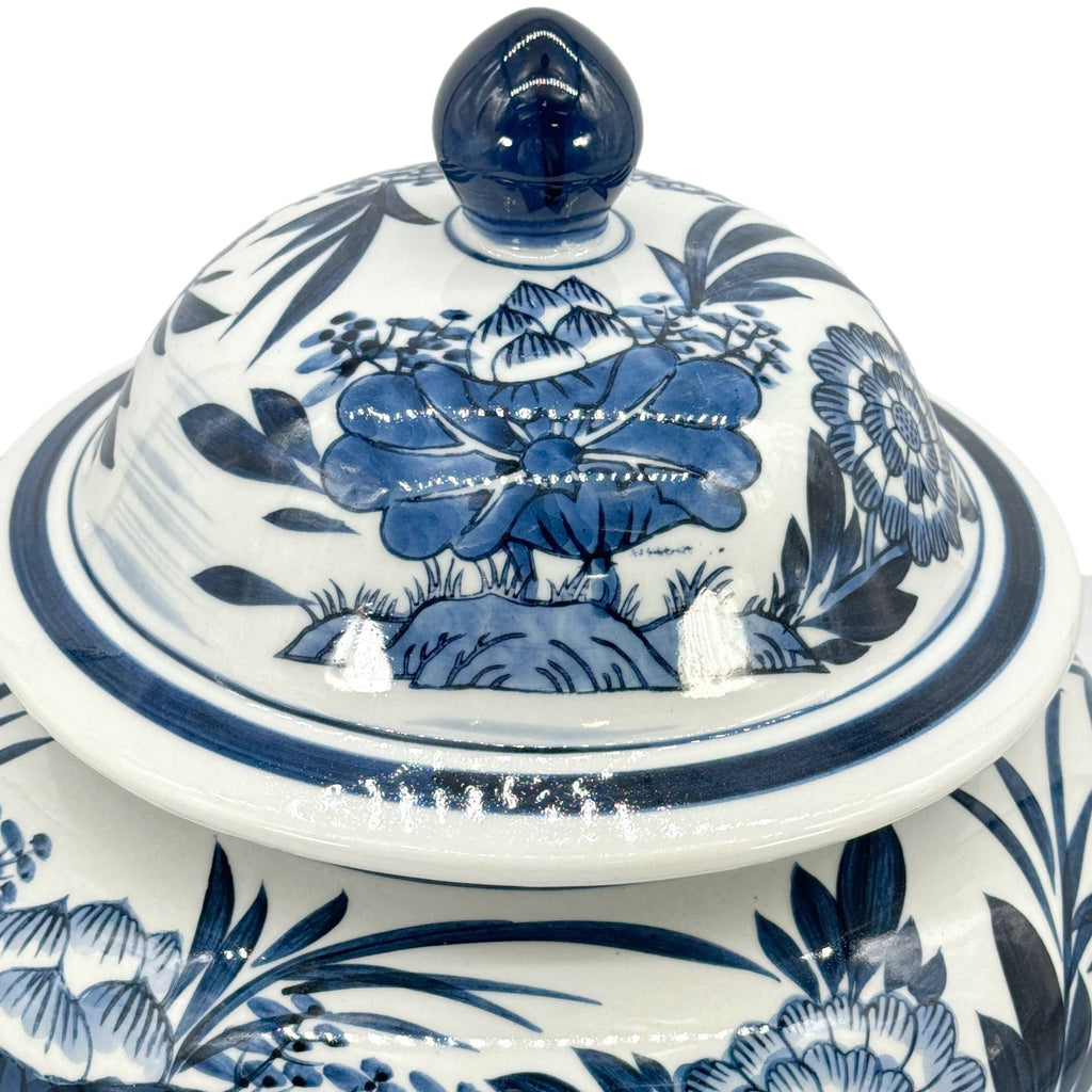 15.5" Blue & White Bamboo Floral Wide Ceramic Ginger Jar