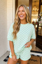 LAS Polka Dot Print Top Drawstring Shorts Set (S-XL): Sky Blue / Missy / L