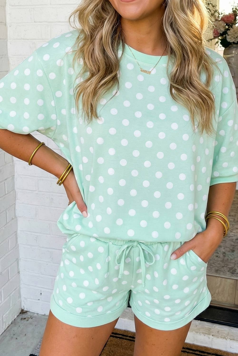 LAS Polka Dot Print Top Drawstring Shorts Set (S-XL): Sky Blue / Missy / M
