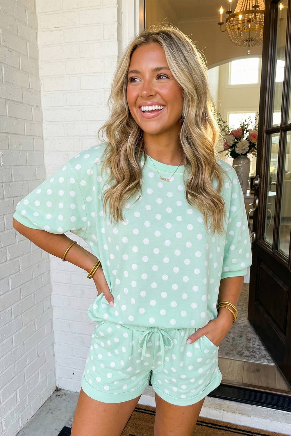LAS Polka Dot Print Top Drawstring Shorts Set (S-XL): Sky Blue / Missy / M