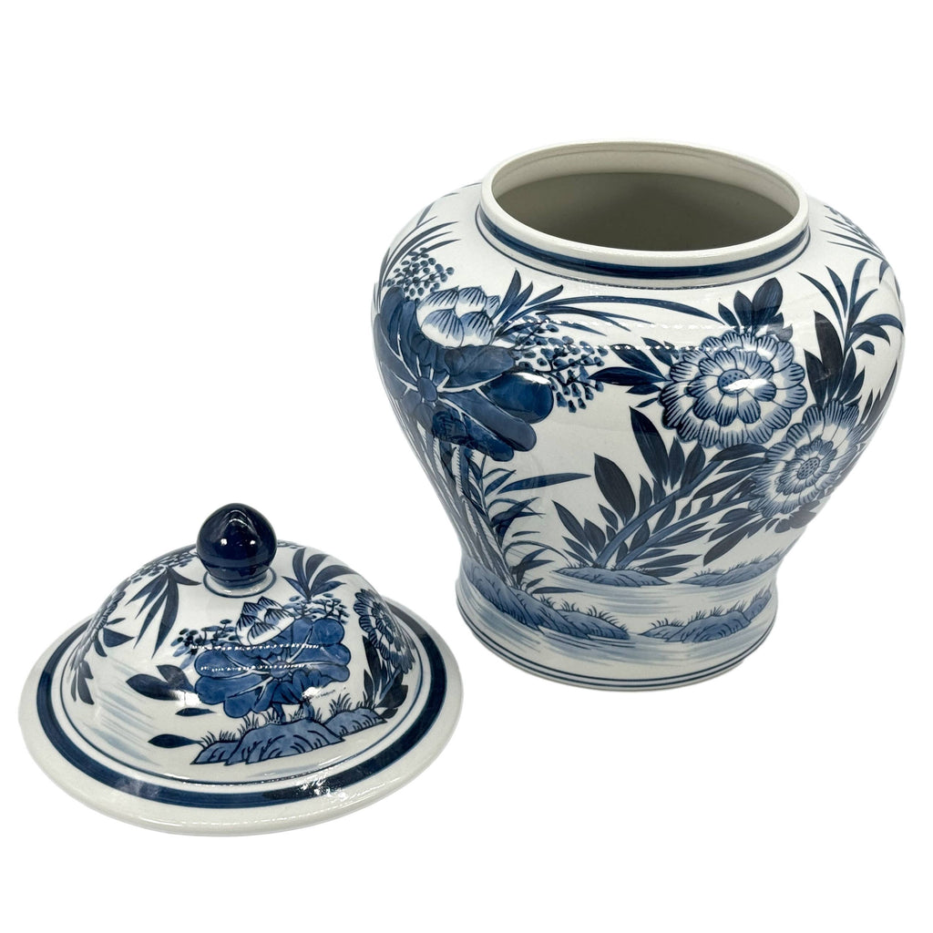15.5" Blue & White Bamboo Floral Wide Ceramic Ginger Jar