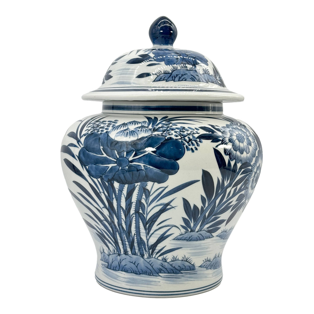 15.5" Blue & White Bamboo Floral Wide Ceramic Ginger Jar