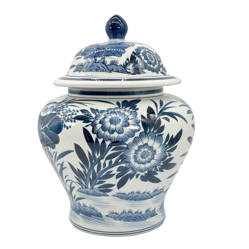 15.5" Blue & White Bamboo Floral Wide Ceramic Ginger Jar