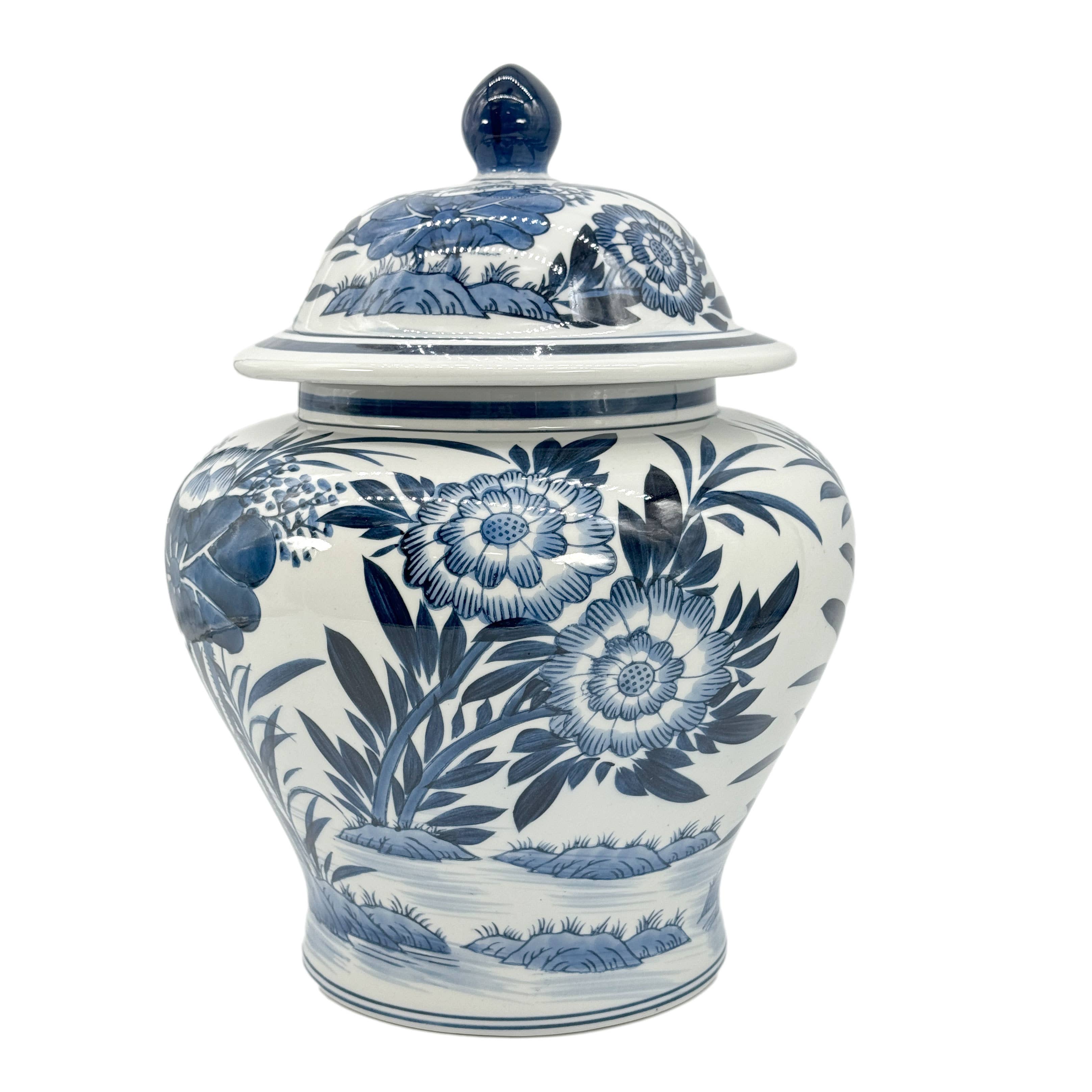 15.5" Blue & White Bamboo Floral Wide Ceramic Ginger Jar