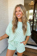LAS Polka Dot Print Top Drawstring Shorts Set (S-XL): Sky Blue / Missy / S