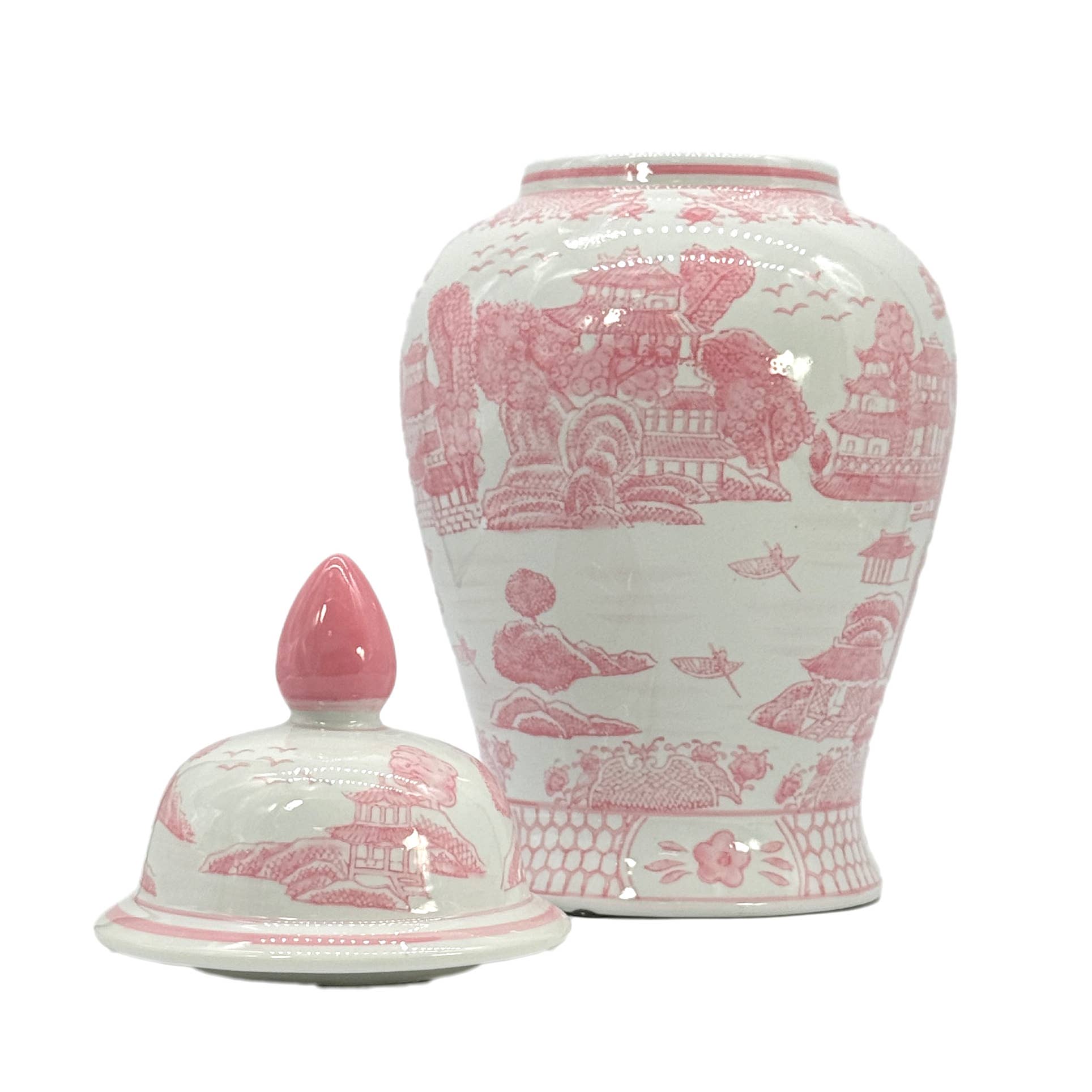 Pink & White Chinoiserie Ceramic Jar 18"
